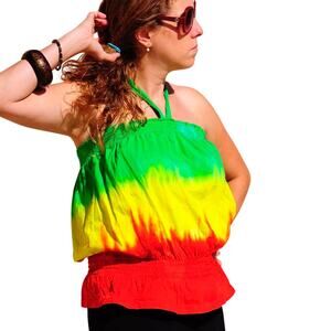 Womens Top Size Large Green Yellow Red Tie Dye Handcrafted Hippie Festival Beach